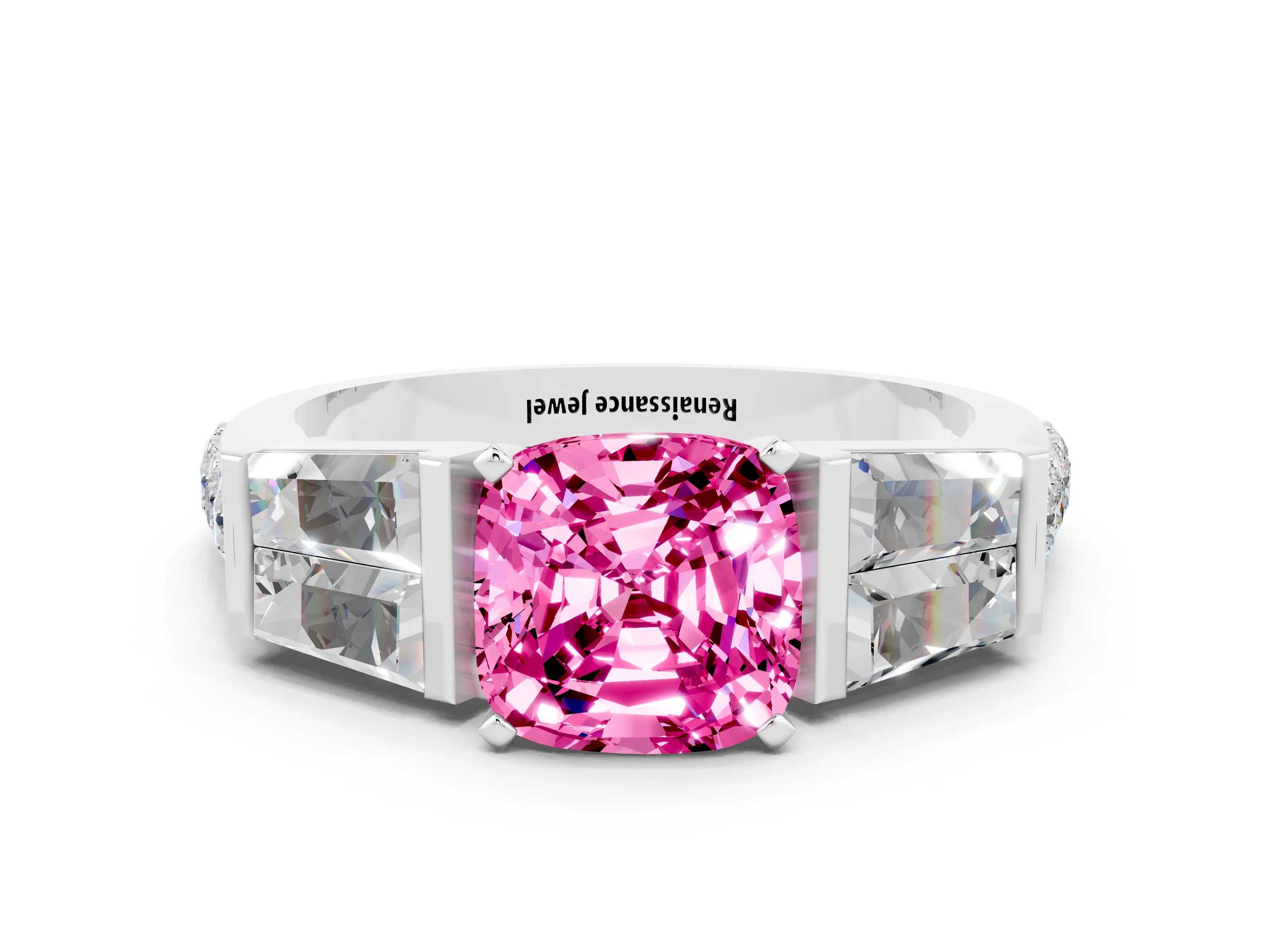 White gold Cushion Cut Pink Sapphire Engagement Ring with Baguette Side Stones and Channel Set Band