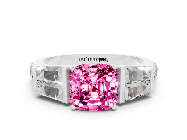 Silver Cushion Cut Pink Sapphire Engagement Ring with Baguette Side Stones and Channel Set Band