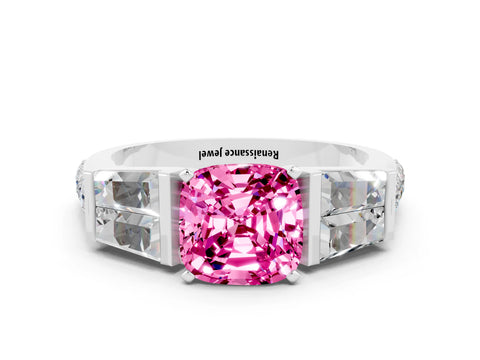 White gold Cushion Cut Pink Sapphire Engagement Ring with Baguette Side Stones and Channel Set Band