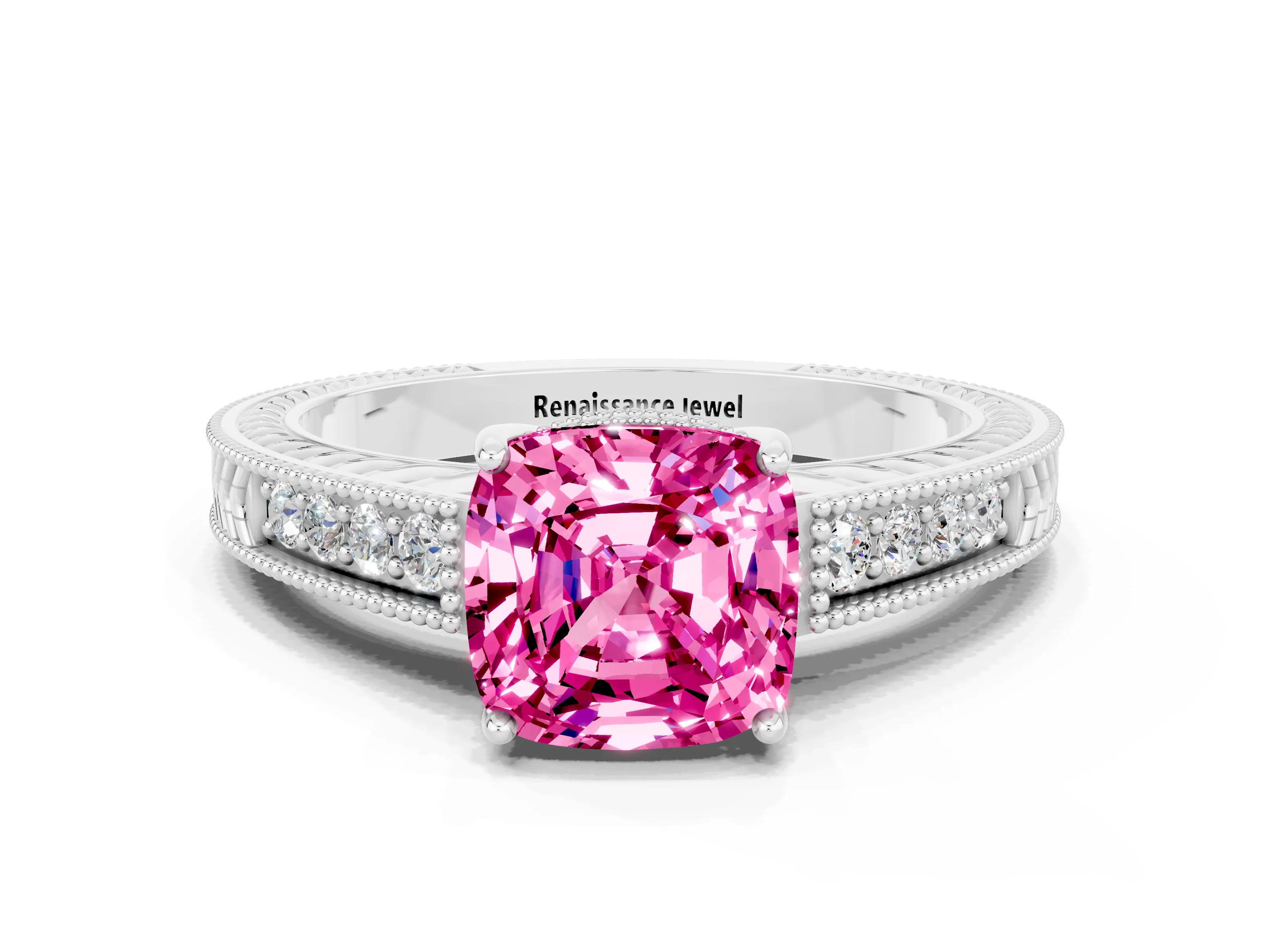 White gold Cushion Cut Pink Sapphire Engagement Ring with Milgrain Channel Set Band and Prong Setting_24