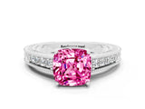 White gold Cushion Cut Pink Sapphire Engagement Ring with Milgrain Channel Set Band and Prong Setting_24