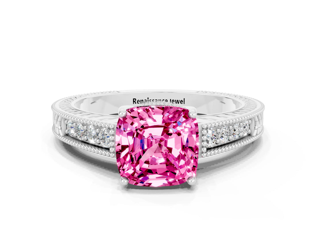 White gold Cushion Cut Pink Sapphire Engagement Ring with Milgrain Channel Set Band and Prong Setting_24