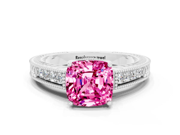 White gold Cushion Cut Pink Sapphire Engagement Ring with Milgrain Channel Set Band and Prong Setting
