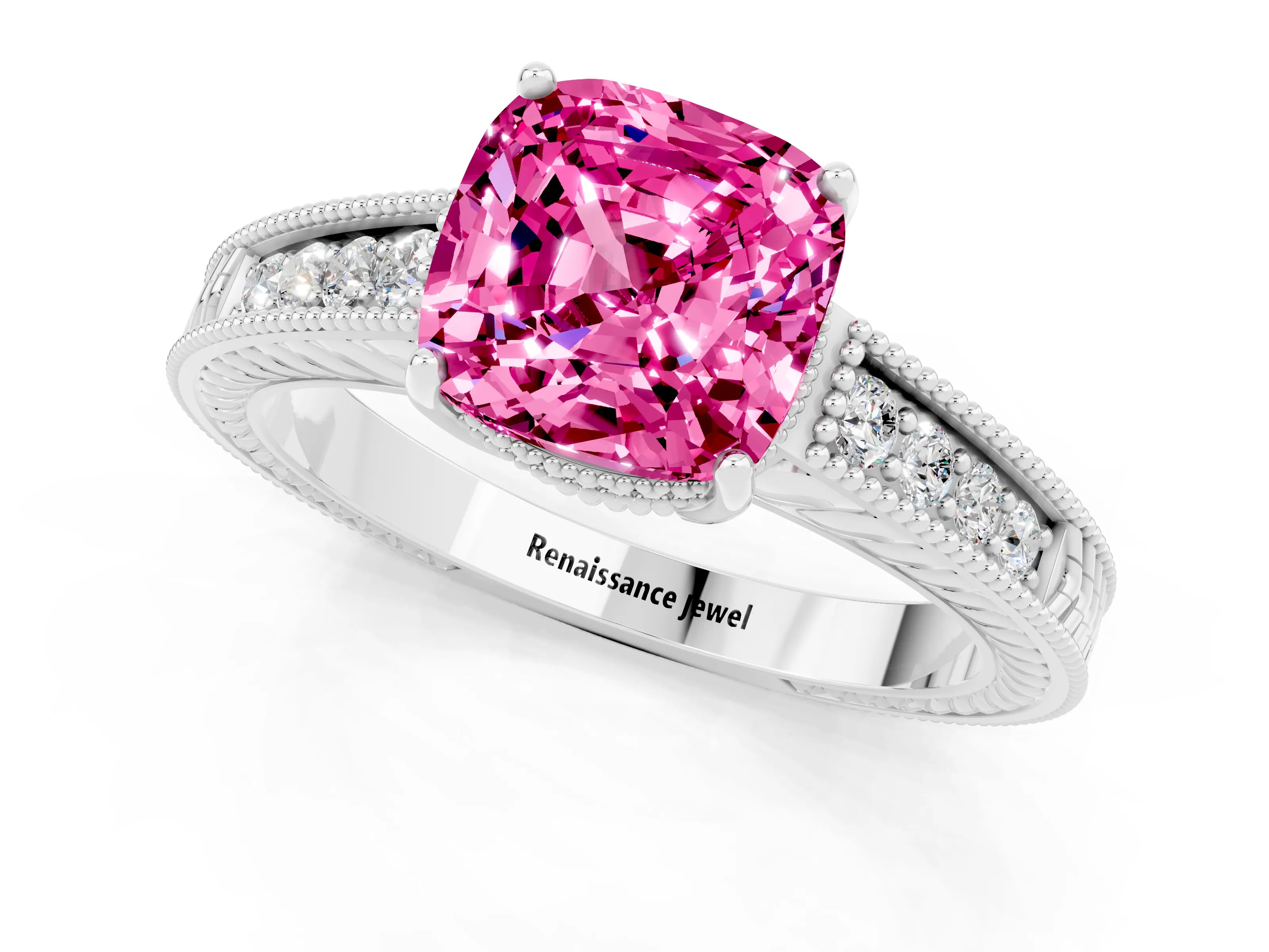 White gold Cushion Cut Pink Sapphire Engagement Ring with Milgrain Channel Set Band and Prong Setting_25