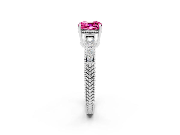 Platinum Cushion Cut Pink Sapphire Engagement Ring with Milgrain Channel Set Band and Prong Setting