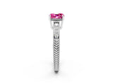 White gold Cushion Cut Pink Sapphire Engagement Ring with Milgrain Channel Set Band and Prong Setting_26