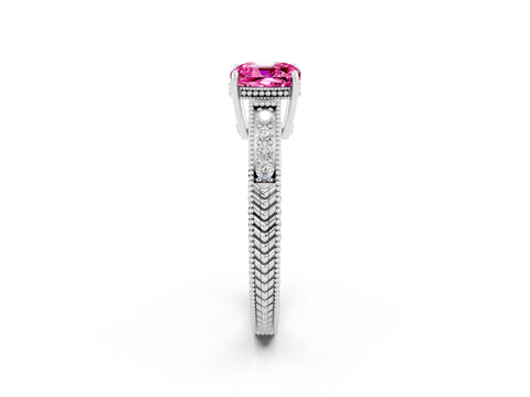White gold Cushion Cut Pink Sapphire Engagement Ring with Milgrain Channel Set Band and Prong Setting_26