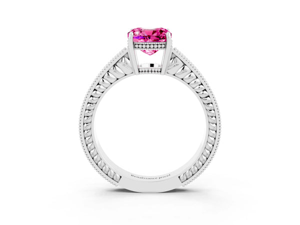 Platinum Cushion Cut Pink Sapphire Engagement Ring with Milgrain Channel Set Band and Prong Setting