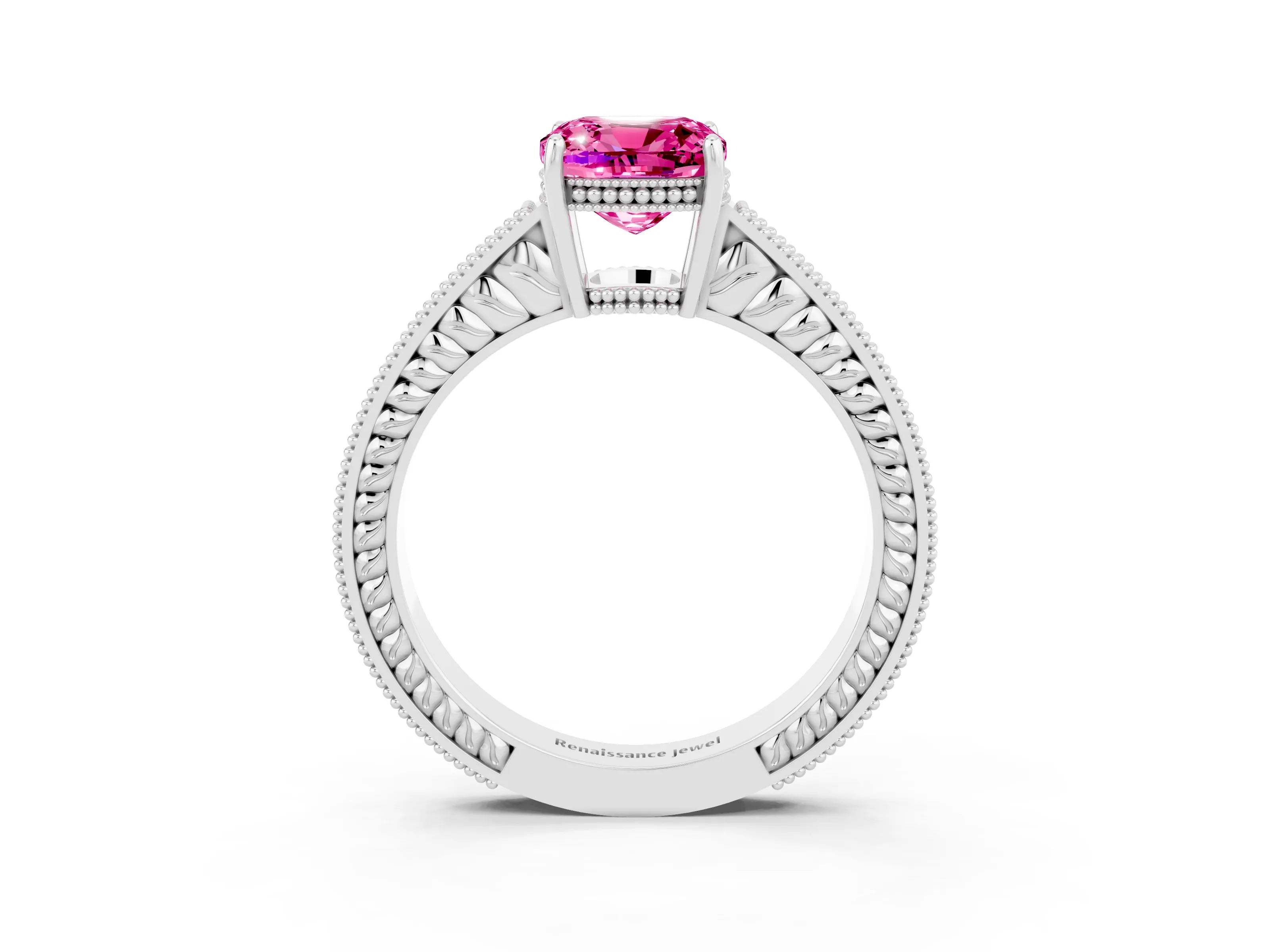 White gold Cushion Cut Pink Sapphire Engagement Ring with Milgrain Channel Set Band and Prong Setting_27
