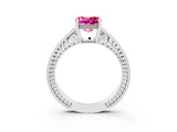 White gold Cushion Cut Pink Sapphire Engagement Ring with Milgrain Channel Set Band and Prong Setting_27