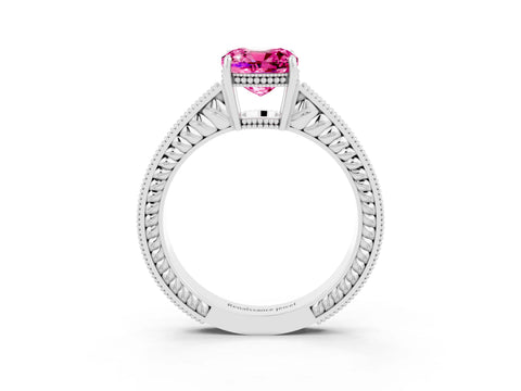 White gold Cushion Cut Pink Sapphire Engagement Ring with Milgrain Channel Set Band and Prong Setting_27