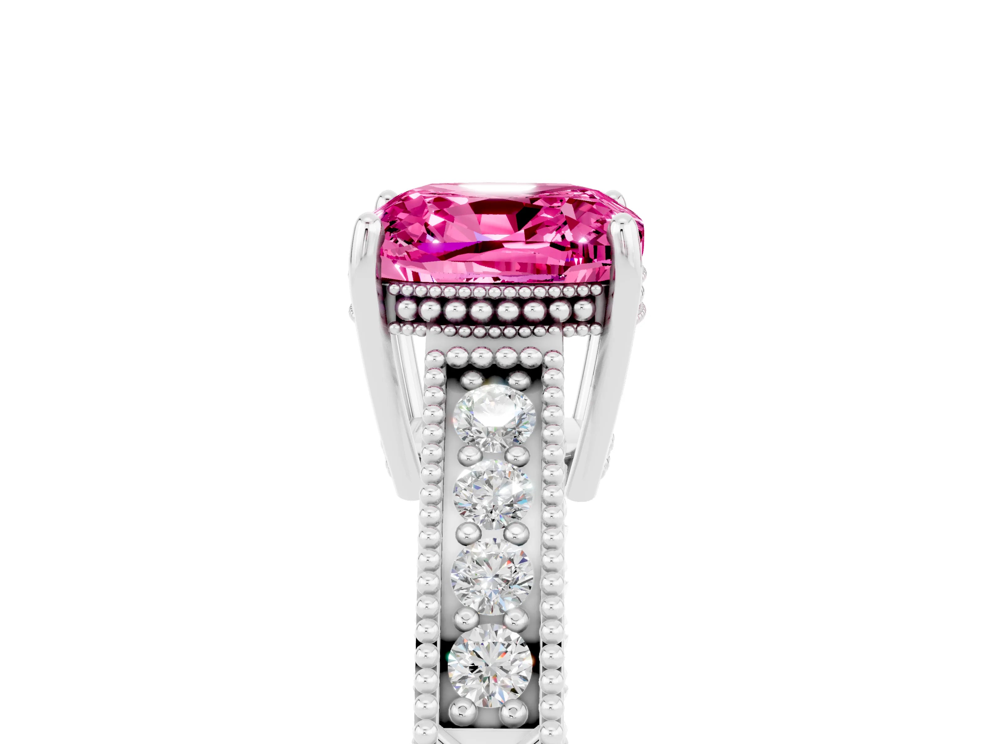 White gold Cushion Cut Pink Sapphire Engagement Ring with Milgrain Channel Set Band and Prong Setting_29