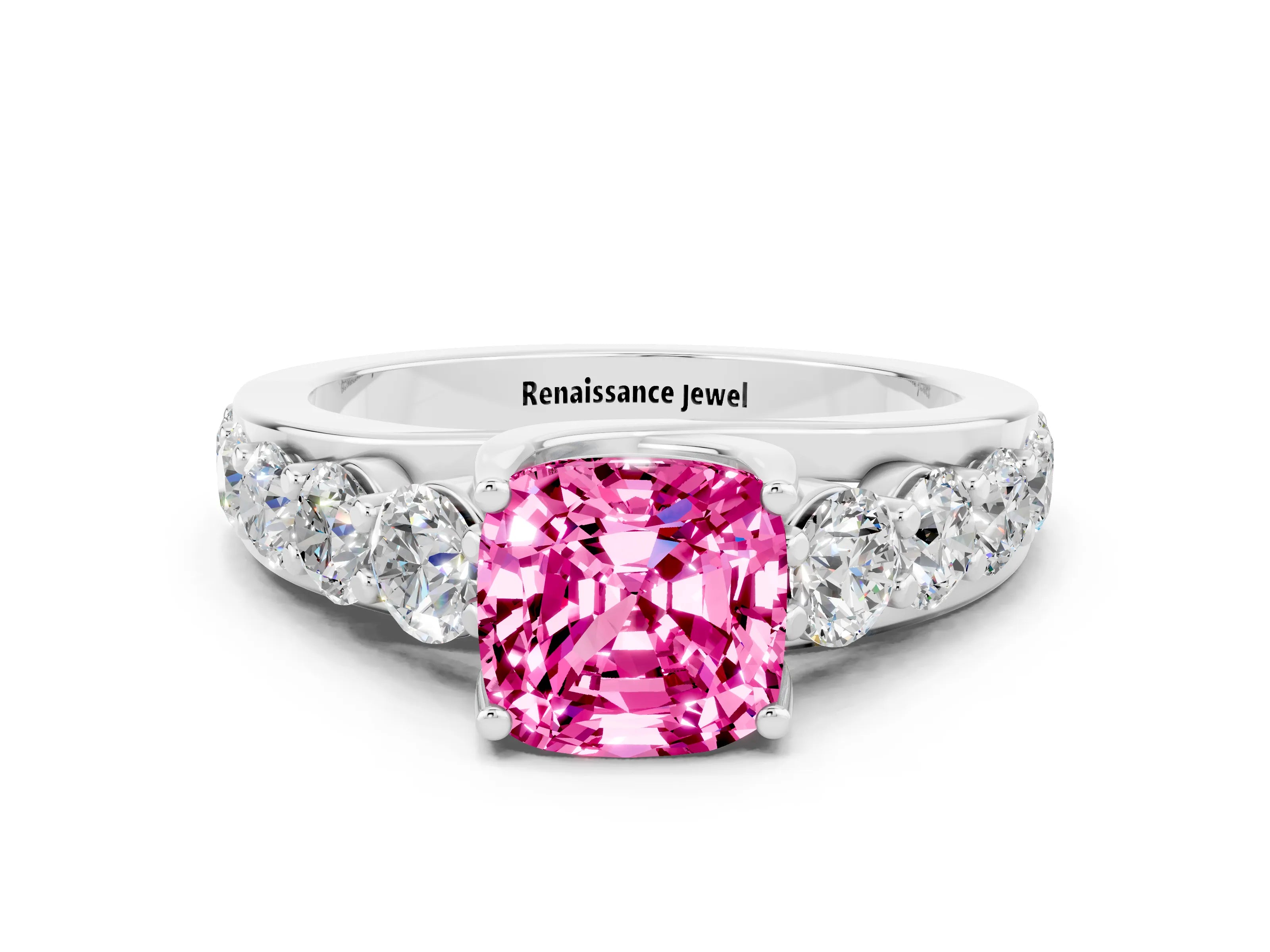 White gold Cushion Cut Pink Sapphire Engagement Ring with Pavé Band and Four-Prong Setting