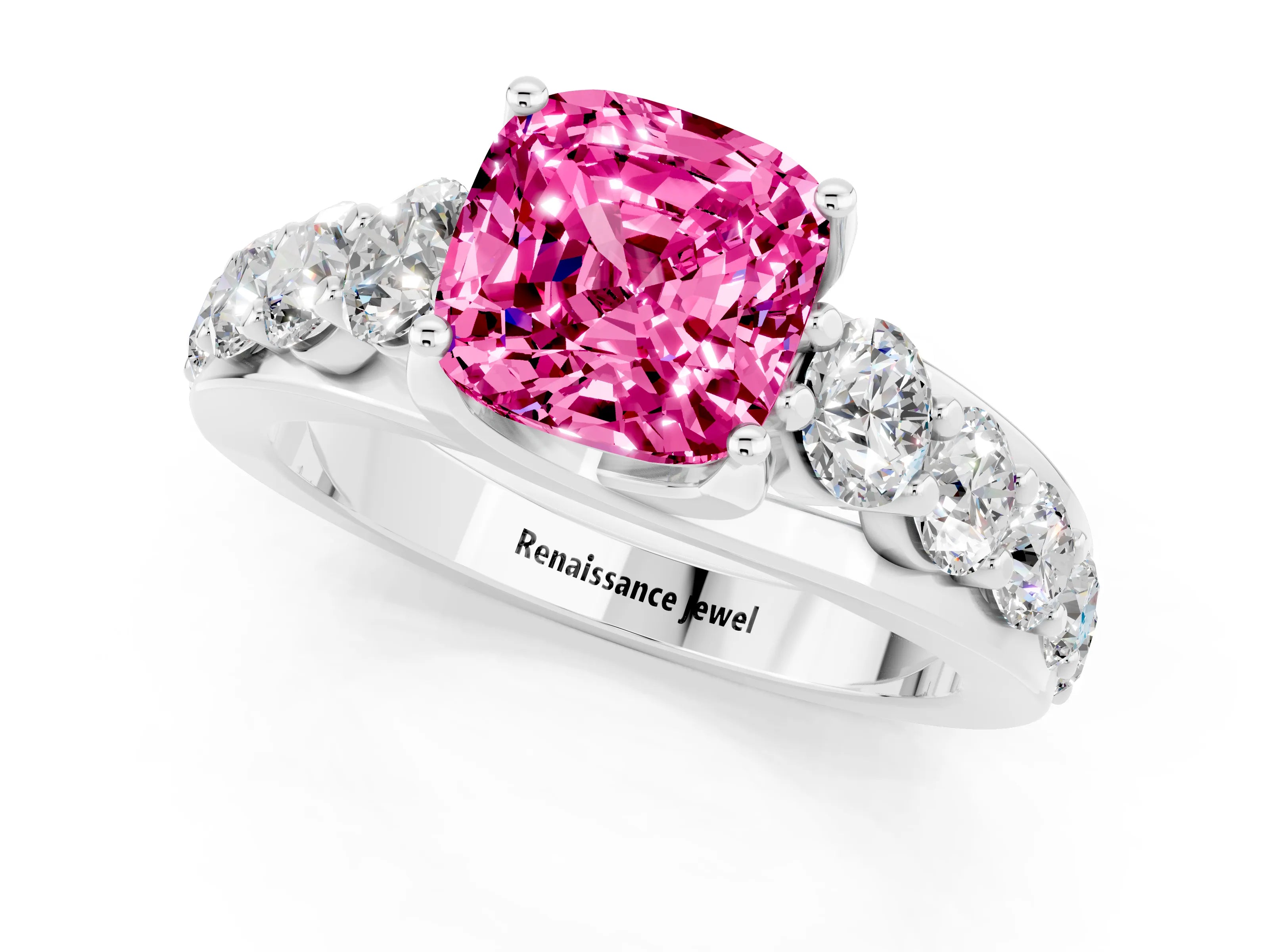 White gold Cushion Cut Pink Sapphire Engagement Ring with Pavé Band and Four-Prong Setting_1