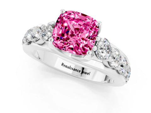 White gold Cushion Cut Pink Sapphire Engagement Ring with Pavé Band and Four-Prong Setting_1
