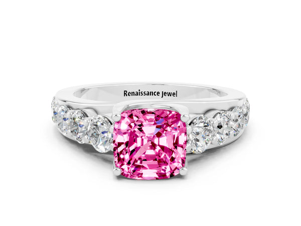 White gold Cushion Cut Pink Sapphire Engagement Ring with Pavé Band and Four-Prong Setting