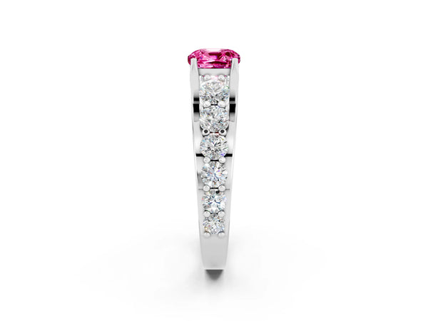 White gold Cushion Cut Pink Sapphire Engagement Ring with Pavé Band and Four-Prong Setting