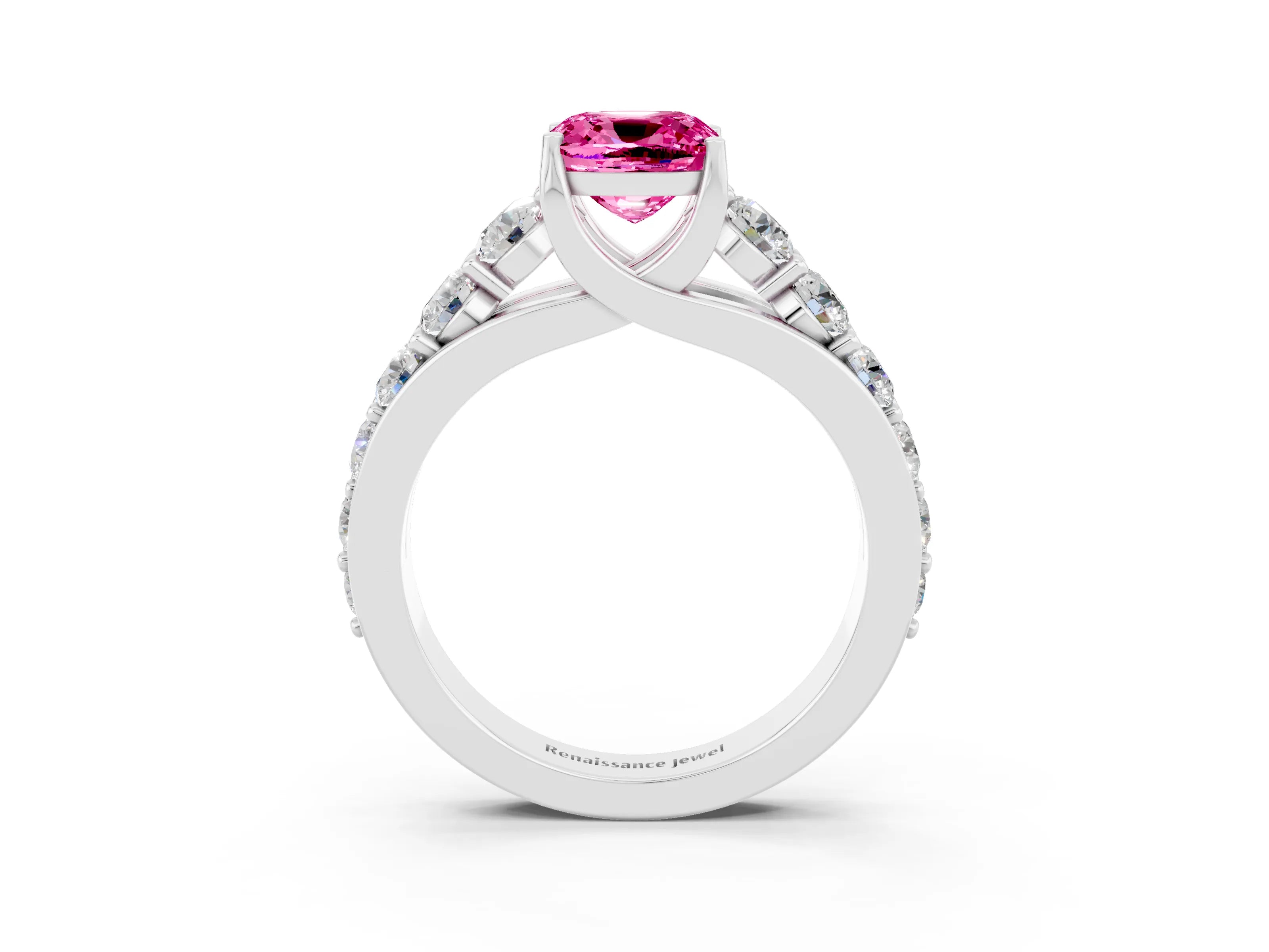 White gold Cushion Cut Pink Sapphire Engagement Ring with Pavé Band and Four-Prong Setting_3