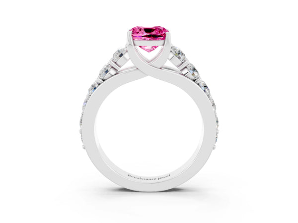 White gold Cushion Cut Pink Sapphire Engagement Ring with Pavé Band and Four-Prong Setting