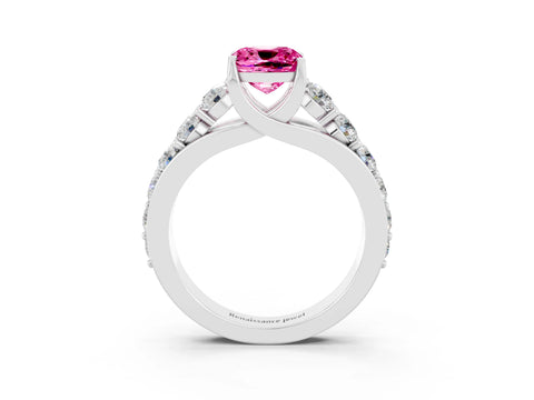 White gold Cushion Cut Pink Sapphire Engagement Ring with Pavé Band and Four-Prong Setting_3