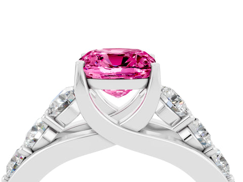 White gold Cushion Cut Pink Sapphire Engagement Ring with Pavé Band and Four-Prong Setting_4