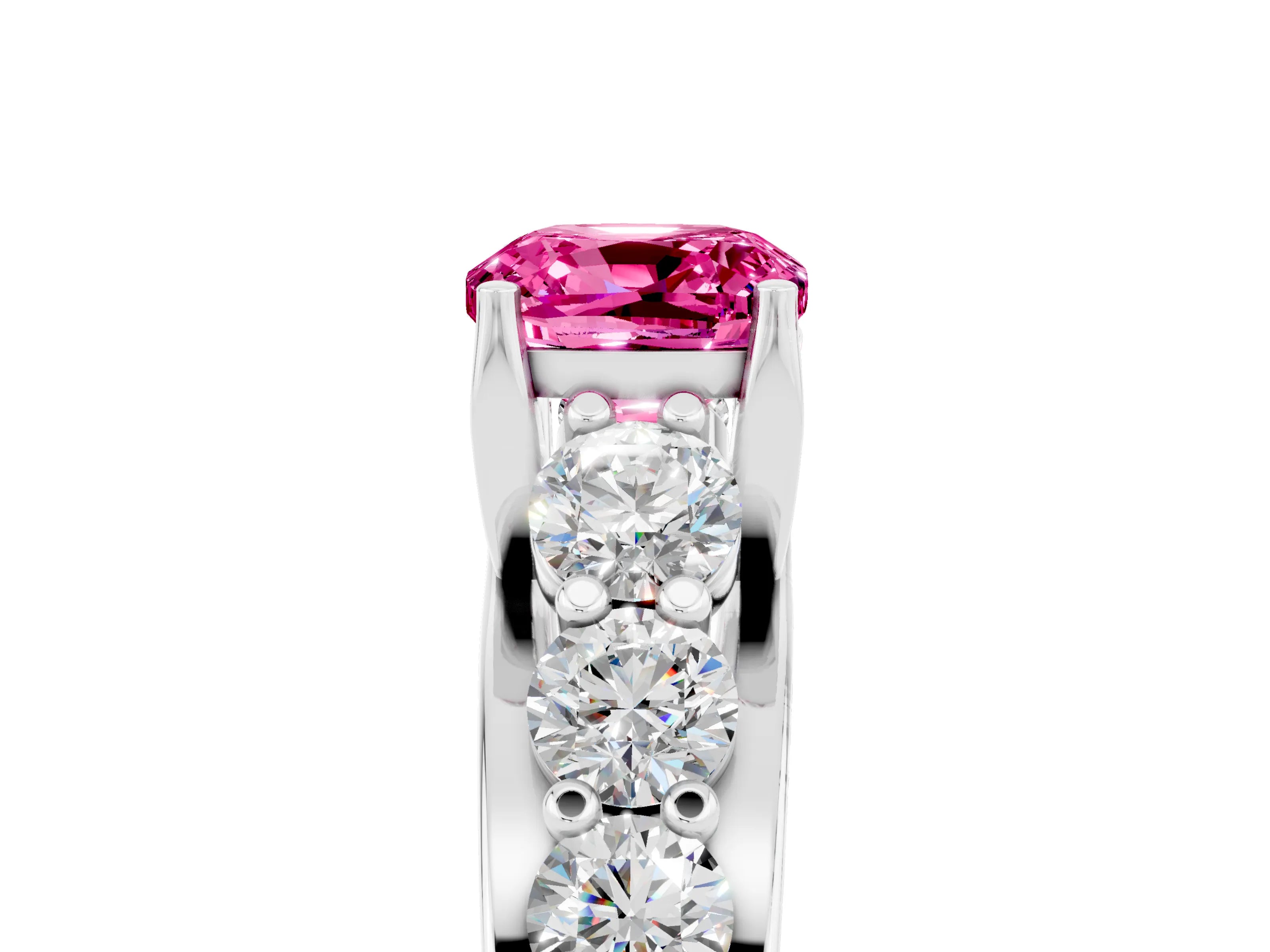 White gold Cushion Cut Pink Sapphire Engagement Ring with Pavé Band and Four-Prong Setting_5