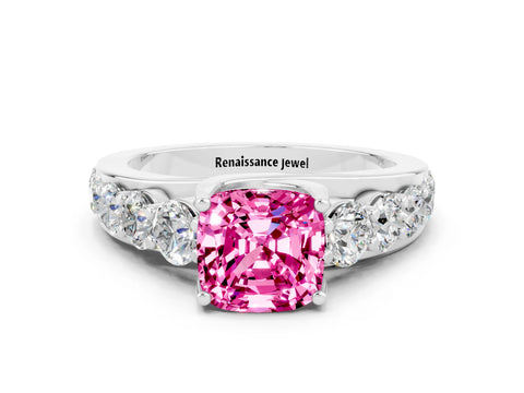 White gold Cushion Cut Pink Sapphire Engagement Ring with Pavé Band and Four-Prong Setting