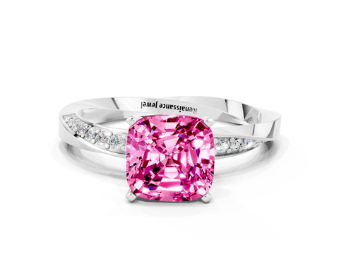 White gold Cushion Cut Pink Sapphire Engagement Ring with Side Stone Accents and Four-Prong Setting_51