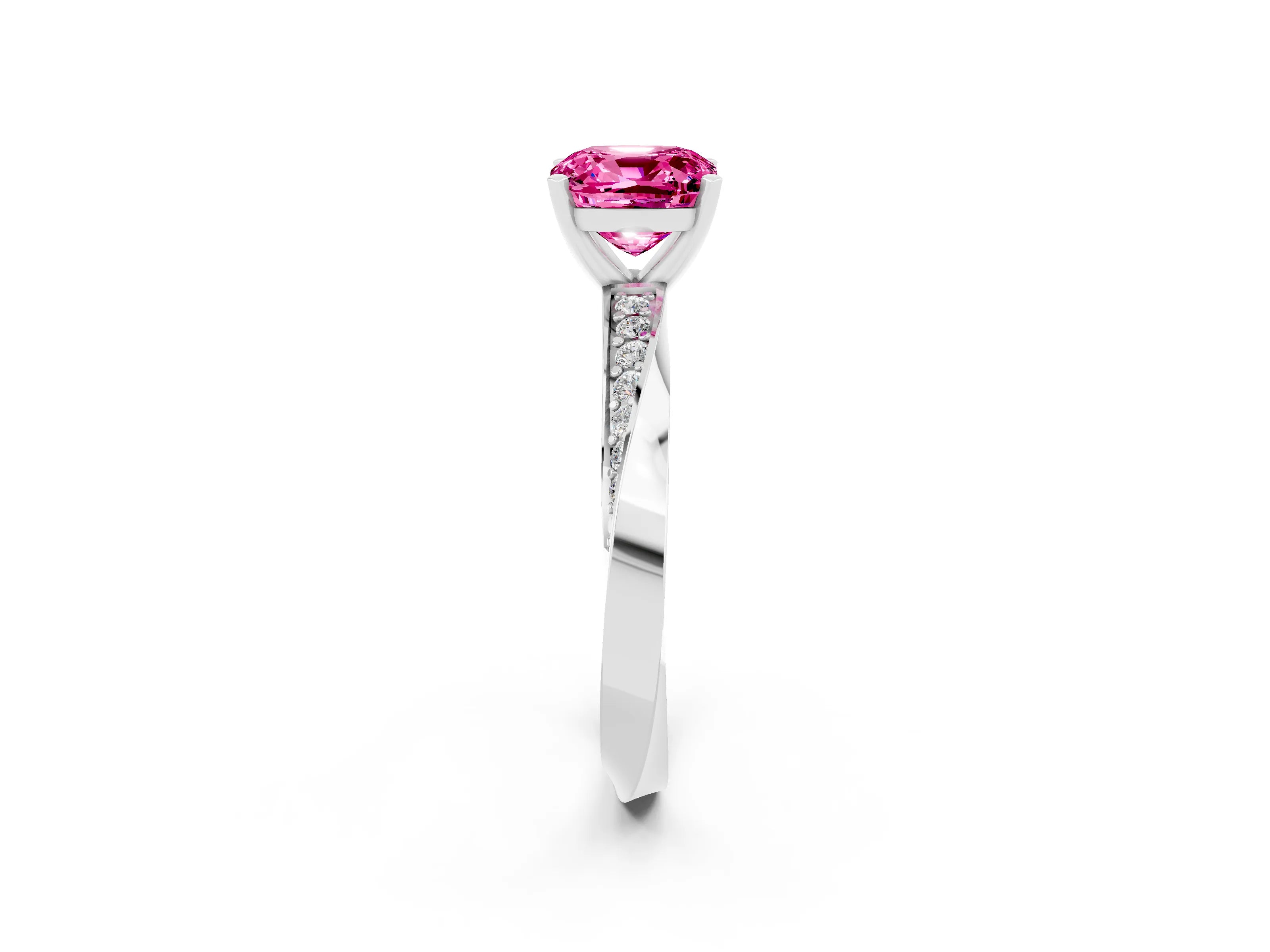 White gold Cushion Cut Pink Sapphire Engagement Ring with Side Stone Accents and Four-Prong Setting_53