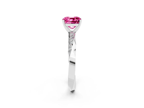 White gold Cushion Cut Pink Sapphire Engagement Ring with Side Stone Accents and Four-Prong Setting