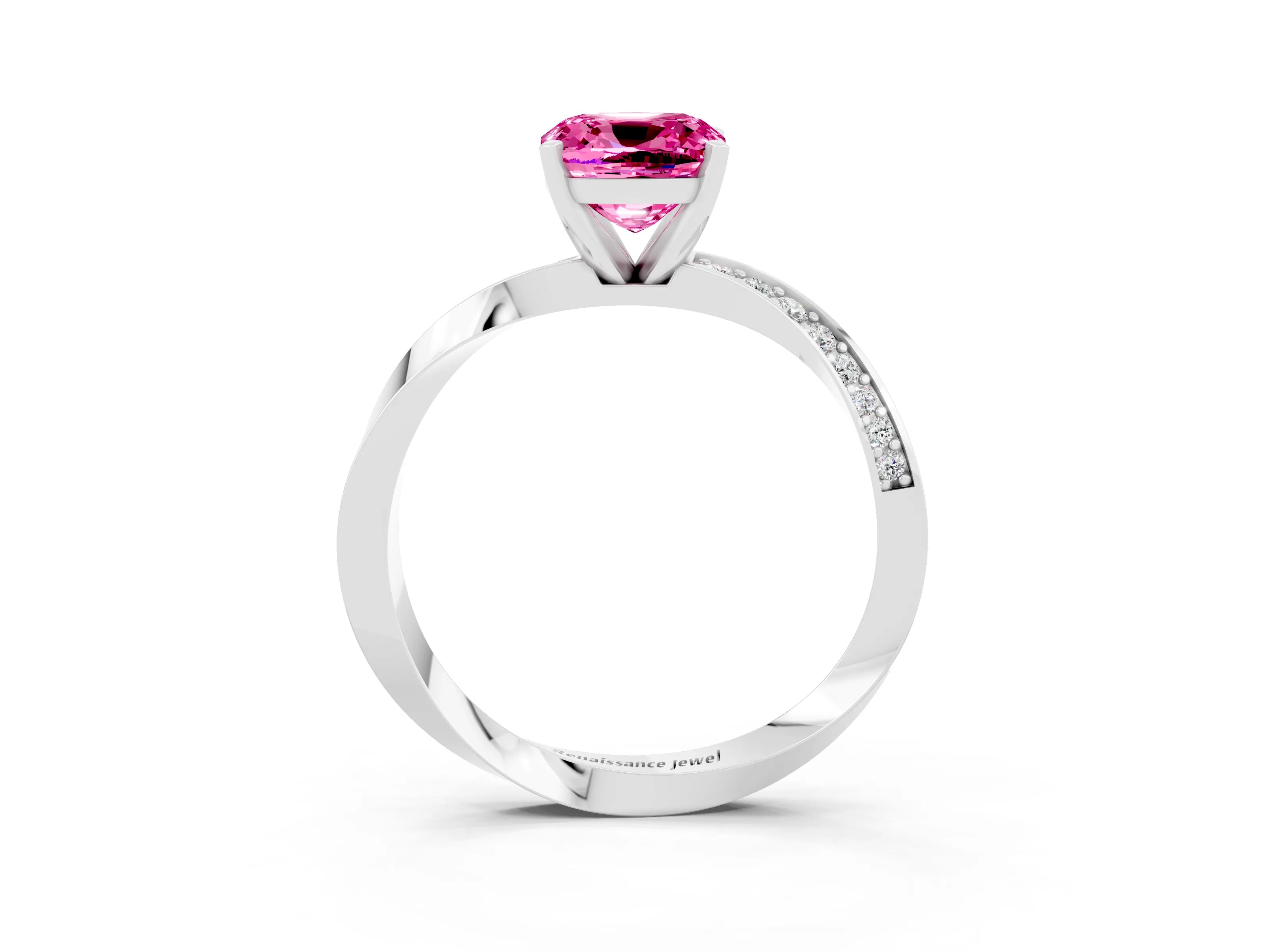 White gold Cushion Cut Pink Sapphire Engagement Ring with Side Stone Accents and Four-Prong Setting_54