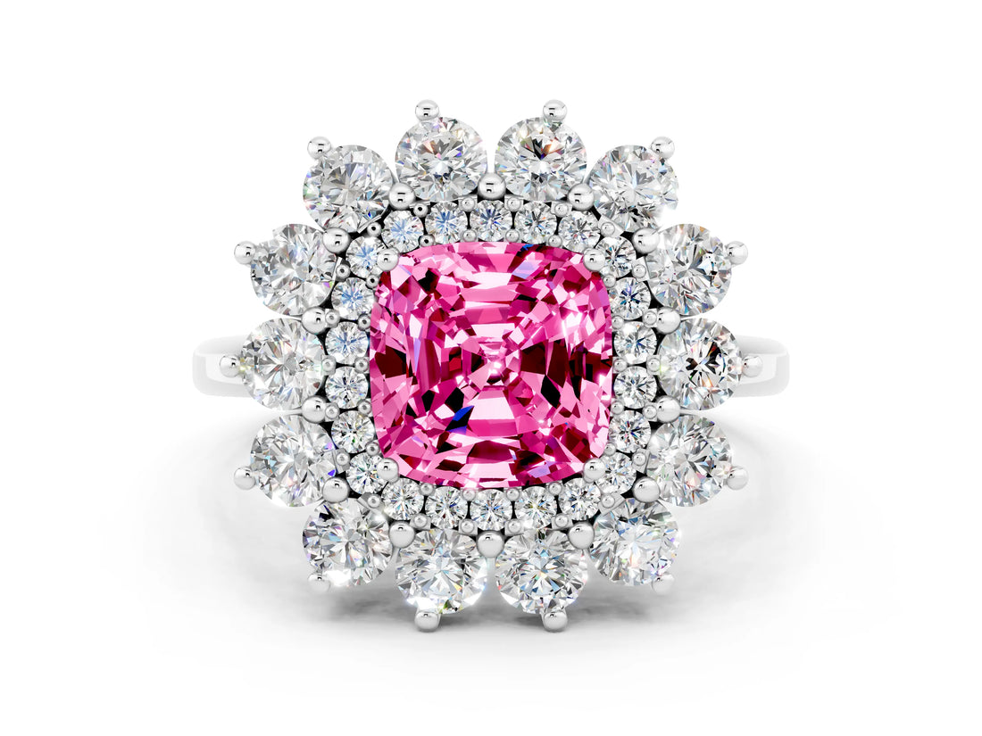 White gold Cushion Cut Pink Sapphire Floral Double Halo Engagement Ring with Prong Setting_84