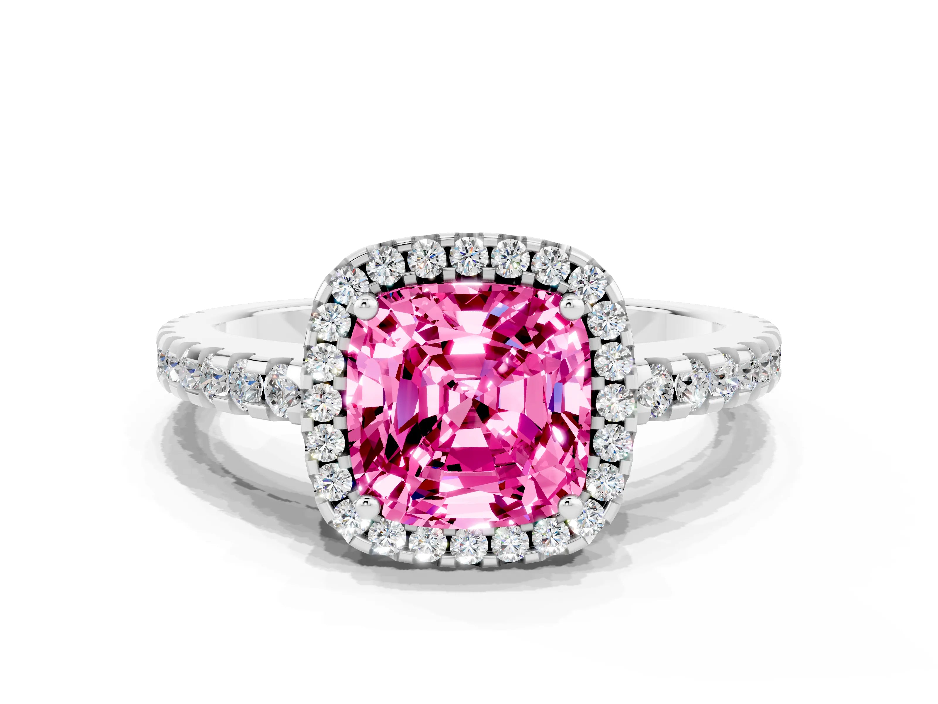White gold Cushion Cut Pink Sapphire Halo Engagement Ring with Pavé Band and Prong Setting_12