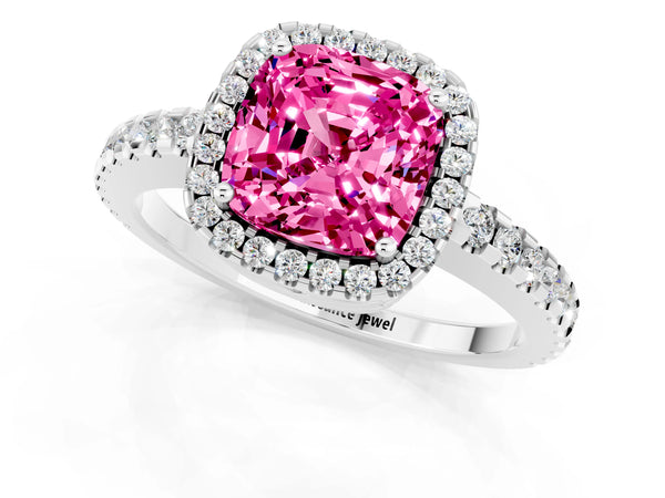 Platinum Cushion Cut Pink Sapphire Halo Engagement Ring with Pavé Band and Prong Setting