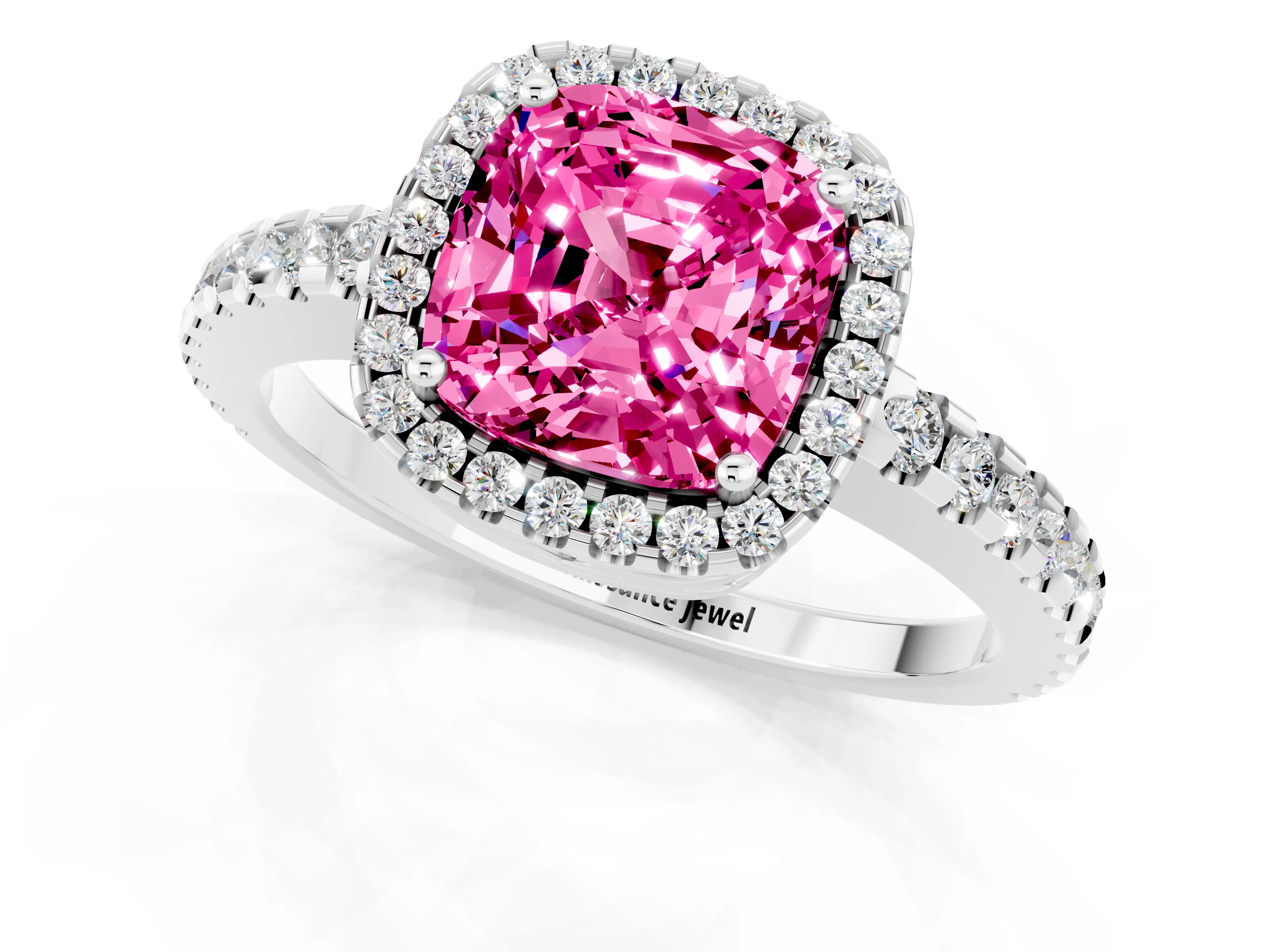 White gold Cushion Cut Pink Sapphire Halo Engagement Ring with Pavé Band and Prong Setting_13