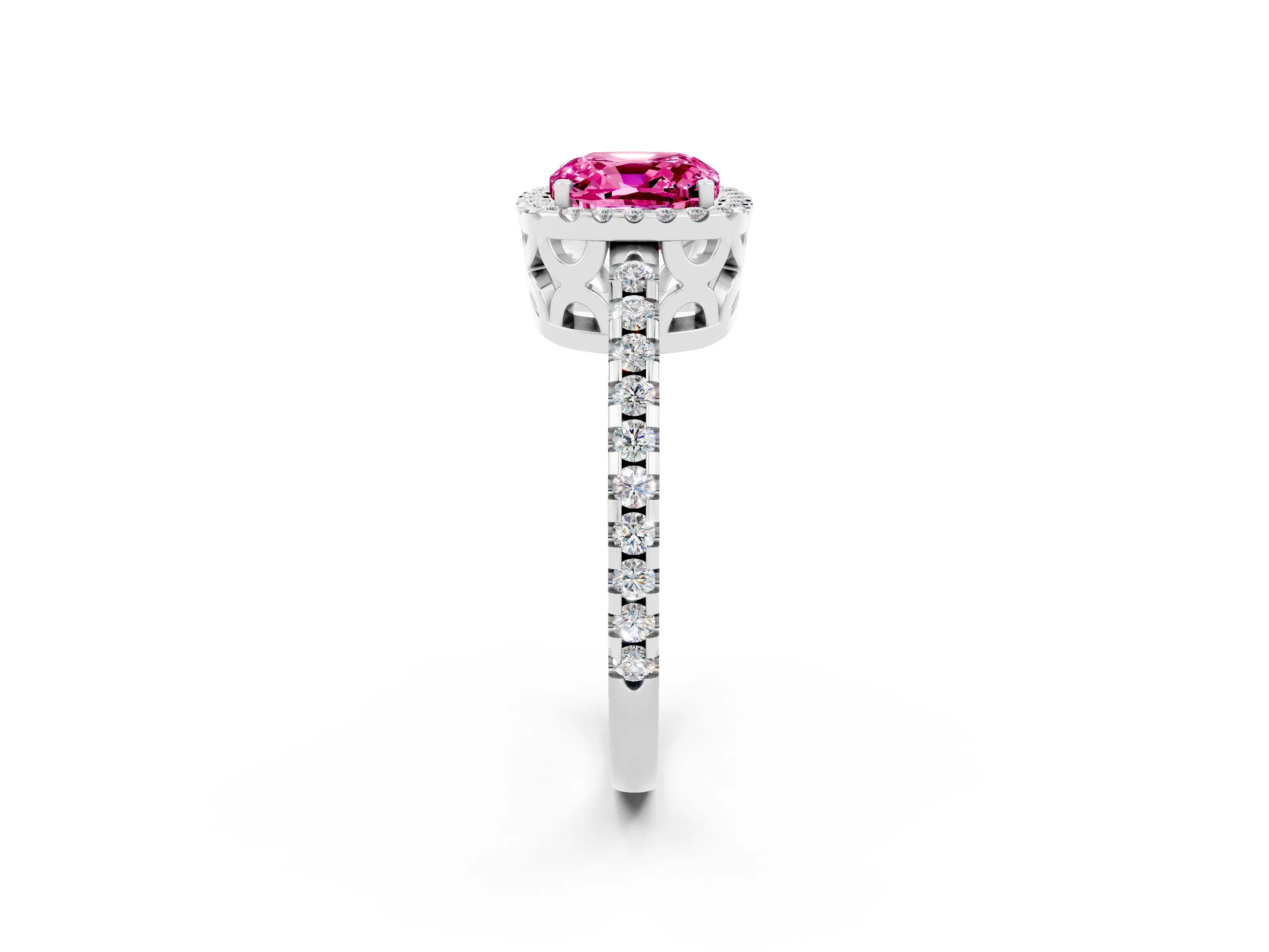 White gold Cushion Cut Pink Sapphire Halo Engagement Ring with Pavé Band and Prong Setting_14