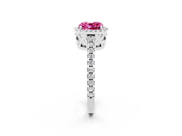 Silver Cushion Cut Pink Sapphire Halo Engagement Ring with Pavé Band and Prong Setting