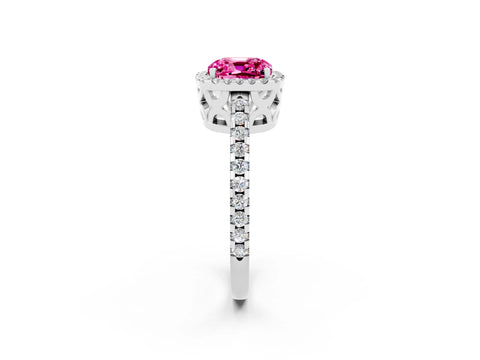 White gold Cushion Cut Pink Sapphire Halo Engagement Ring with Pavé Band and Prong Setting_14