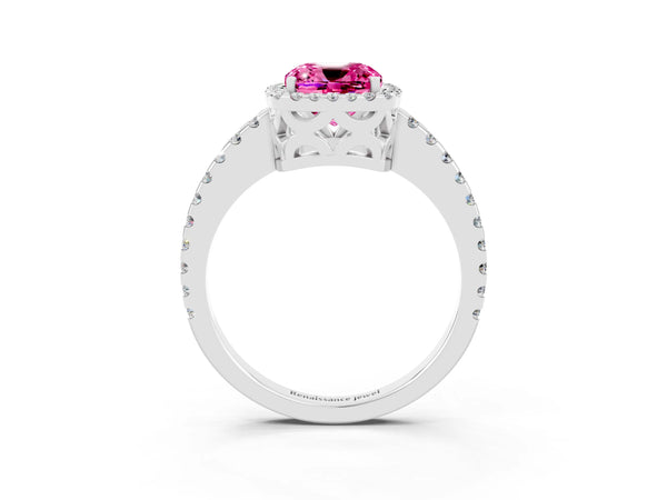 White gold Cushion Cut Pink Sapphire Halo Engagement Ring with Pavé Band and Prong Setting