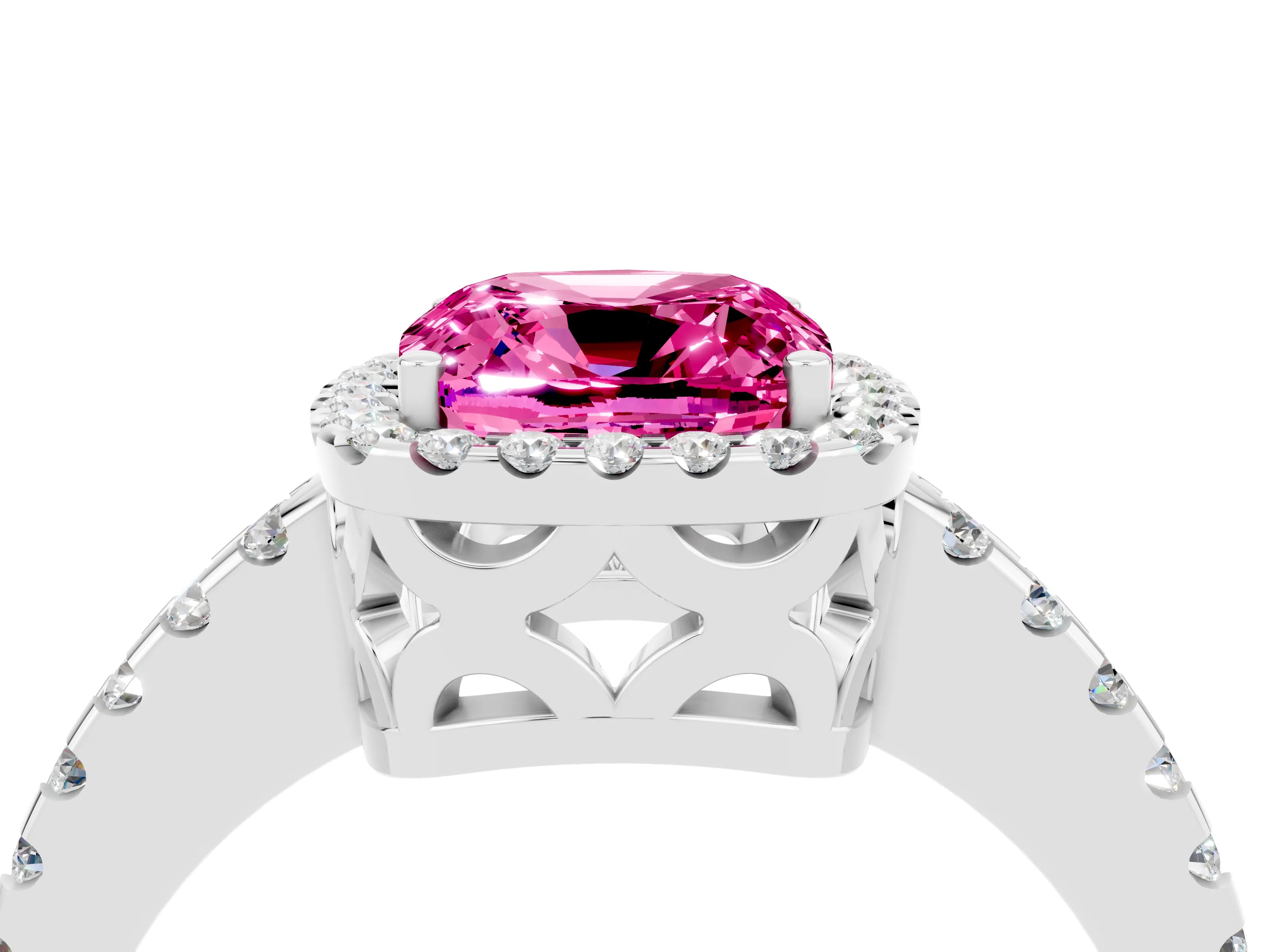 White gold Cushion Cut Pink Sapphire Halo Engagement Ring with Pavé Band and Prong Setting_16