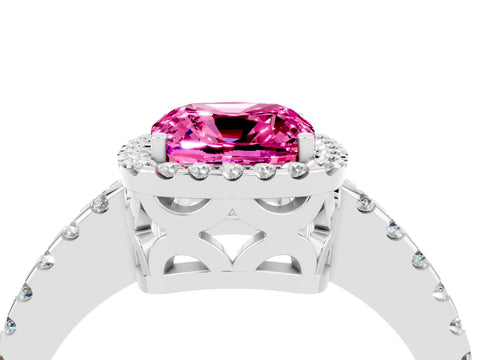 White gold Cushion Cut Pink Sapphire Halo Engagement Ring with Pavé Band and Prong Setting_16