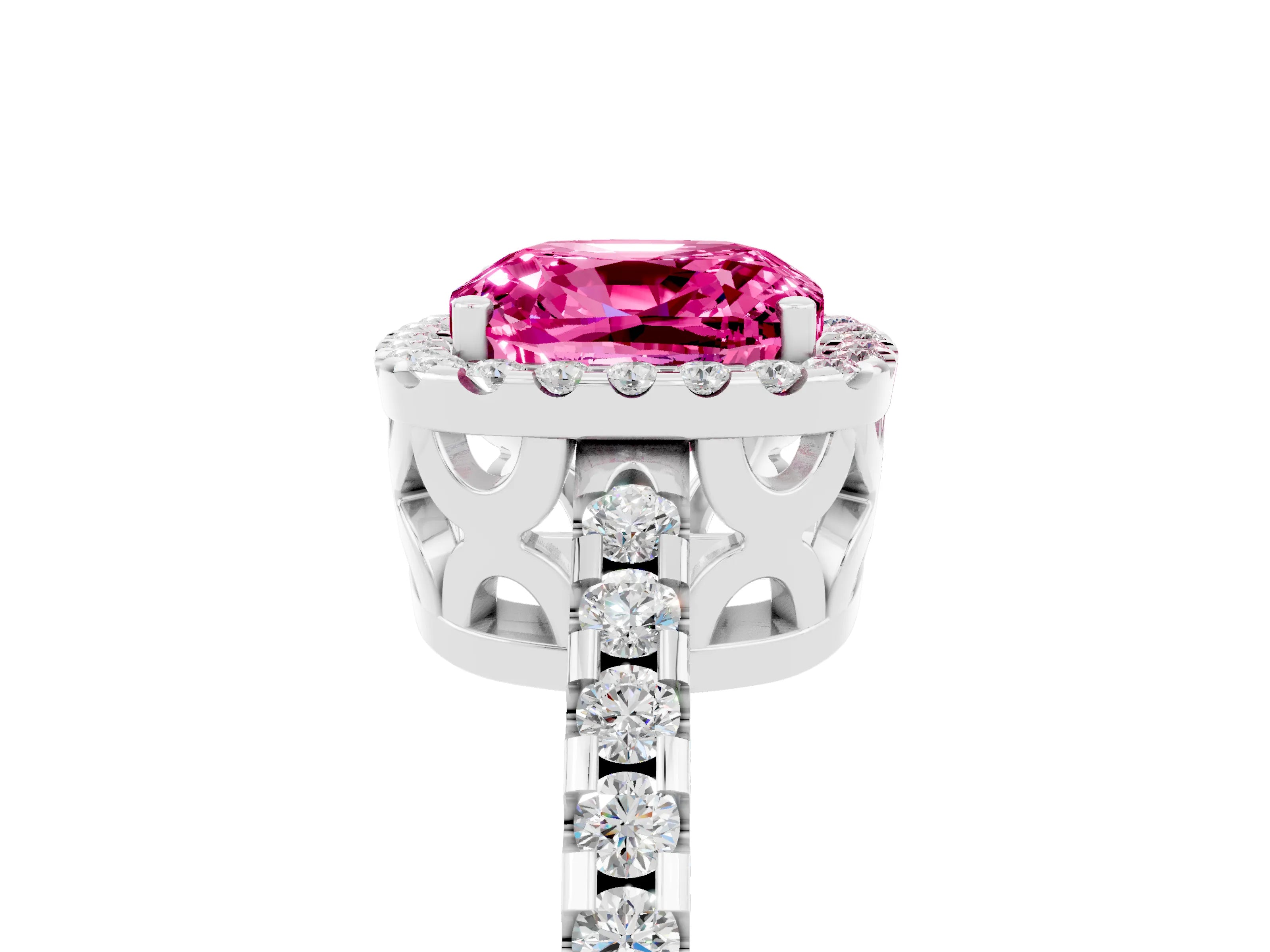 White gold Cushion Cut Pink Sapphire Halo Engagement Ring with Pavé Band and Prong Setting_17