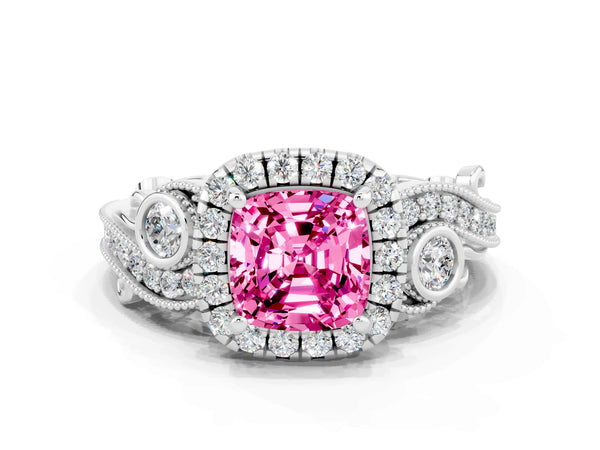 White gold Cushion Cut Pink Sapphire Halo Ring with Milgrain Pavé Band and Four-Prong Setting