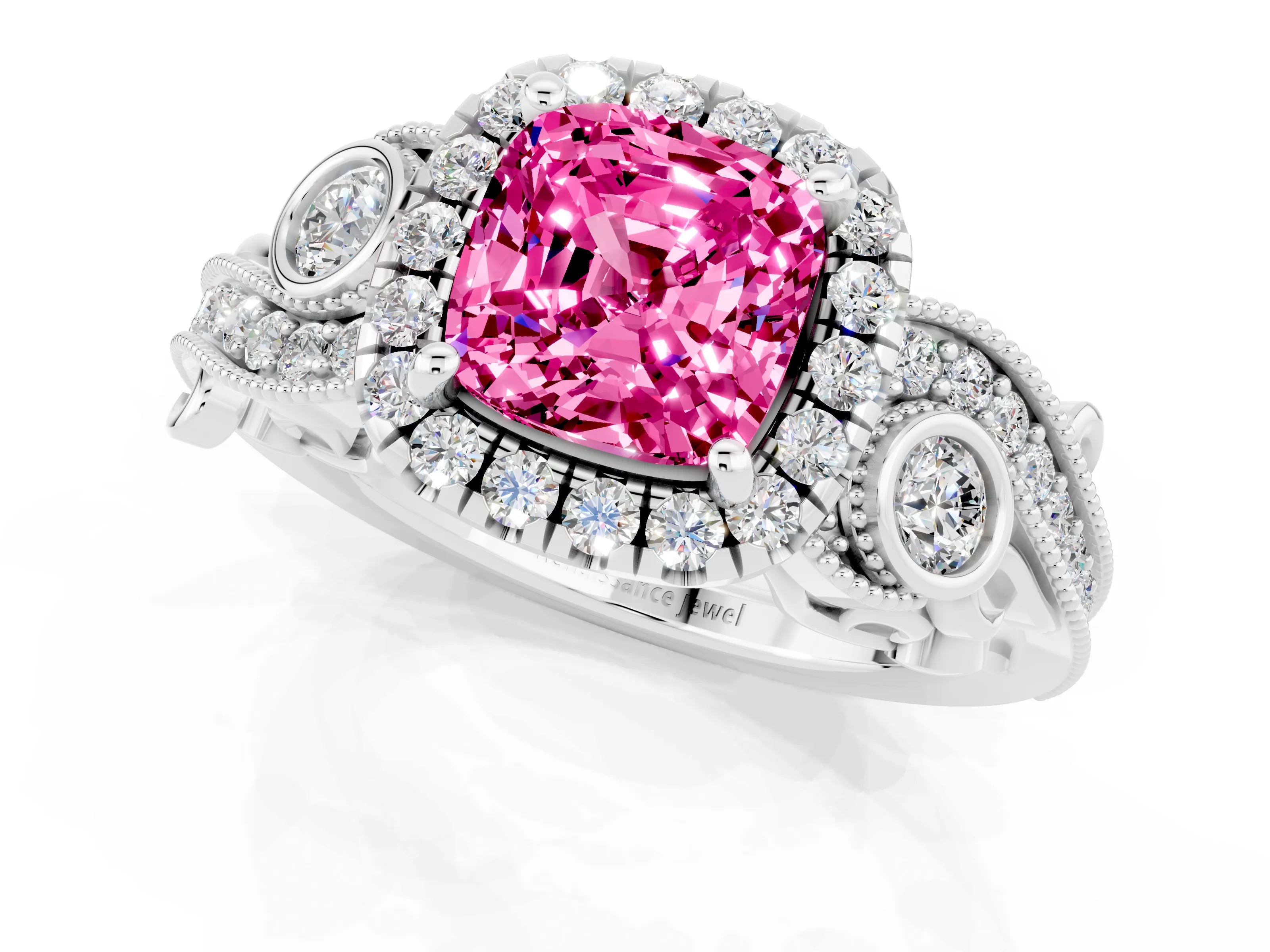 White gold Cushion Cut Pink Sapphire Halo Ring with Milgrain Pavé Band and Four-Prong Setting_13