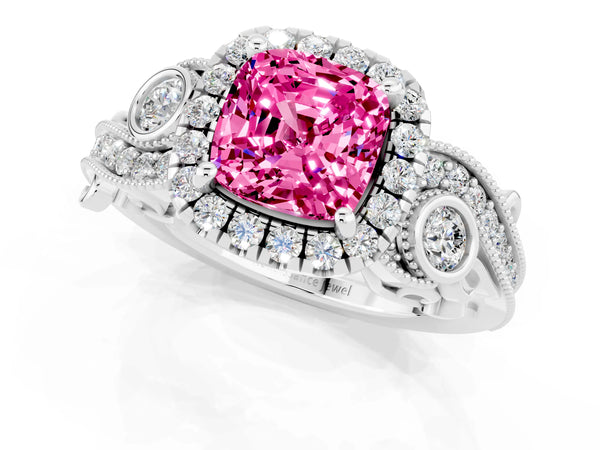 Silver Cushion Cut Pink Sapphire Halo Ring with Milgrain Pavé Band and Four-Prong Setting