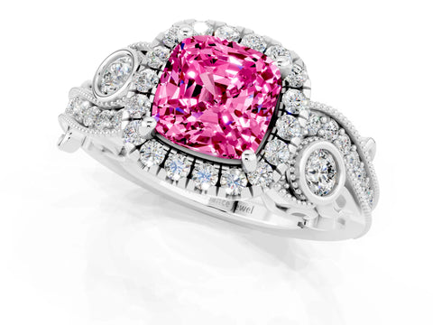 White gold Cushion Cut Pink Sapphire Halo Ring with Milgrain Pavé Band and Four-Prong Setting_13