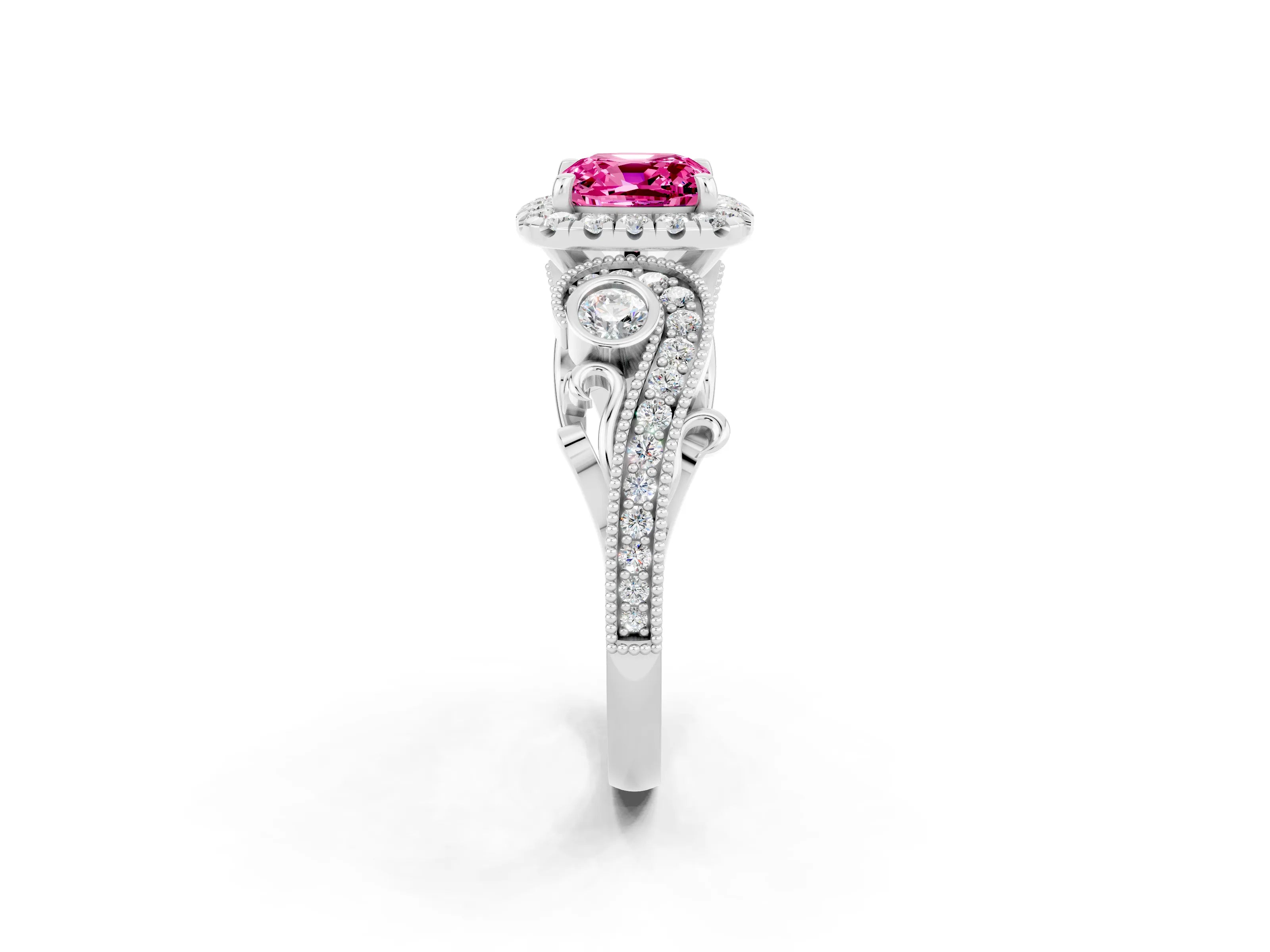 White gold Cushion Cut Pink Sapphire Halo Ring with Milgrain Pavé Band and Four-Prong Setting_14