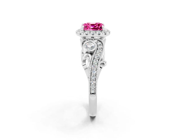 Platinum Cushion Cut Pink Sapphire Halo Ring with Milgrain Pavé Band and Four-Prong Setting
