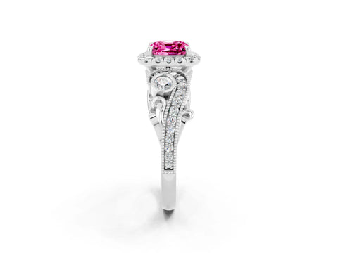 White gold Cushion Cut Pink Sapphire Halo Ring with Milgrain Pavé Band and Four-Prong Setting_14