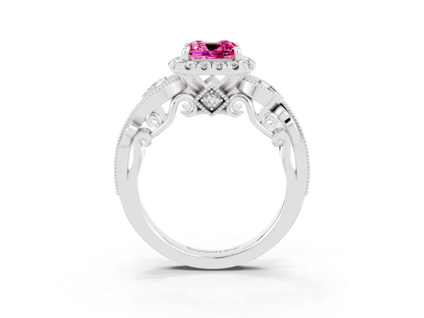 White gold Cushion Cut Pink Sapphire Halo Ring with Milgrain Pavé Band and Four-Prong Setting
